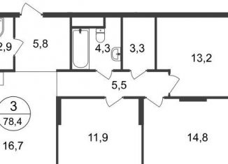 3-комнатная квартира на продажу, 78.4 м2, Москва, 11-я фаза, к3