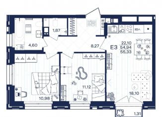 Продам 2-ком. квартиру, 55.3 м2, Тула