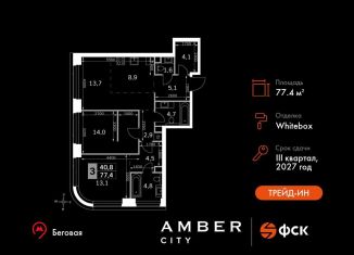 3-комнатная квартира на продажу, 77.4 м2, Москва, 3-й Хорошёвский проезд, 3Ас17, ЖК Хорошёвский