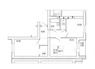 Продаю 2-ком. квартиру, 56.7 м2, Ленинградская область, улица Строителей, 38