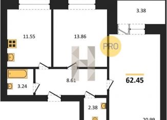 2-комнатная квартира на продажу, 62.4 м2, Воронеж, улица Курчатова, 26Б