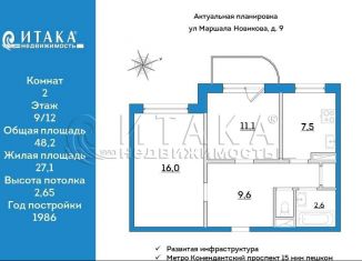 Продажа 2-комнатной квартиры, 48.2 м2, Санкт-Петербург, улица Маршала Новикова, 9, метро Комендантский проспект