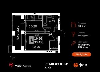 Продаю 1-комнатную квартиру, 33.4 м2, деревня Митькино