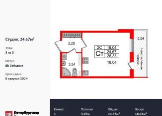 Продаю квартиру студию, 23.9 м2, Санкт-Петербург, Пулковское шоссе, 95к3, муниципальный округ Пулковский Меридиан