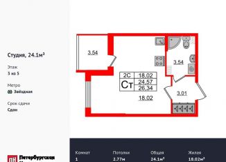 Квартира на продажу студия, 24.1 м2, Санкт-Петербург, Пулковское шоссе, 95к3