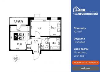 2-комнатная квартира на продажу, 42.4 м2, Люберцы, Рождественская улица, 12