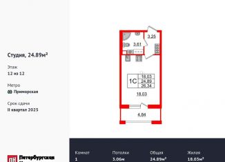 Квартира на продажу студия, 24.9 м2, Санкт-Петербург, Уральская улица, муниципальный округ Остров Декабристов