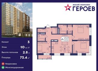 Продажа трехкомнатной квартиры, 73.4 м2, Балашиха, ЖК Героев