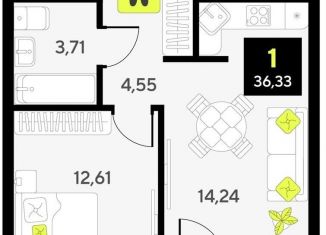 Продаю 1-ком. квартиру, 36.3 м2, Тюмень, Калининский округ, улица Первооткрывателей, 13