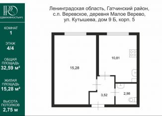 Продается 1-комнатная квартира, 32.6 м2, Ленинградская область, улица Кутышева, 9Бк5