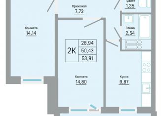 2-комнатная квартира на продажу, 53.9 м2, Пермь