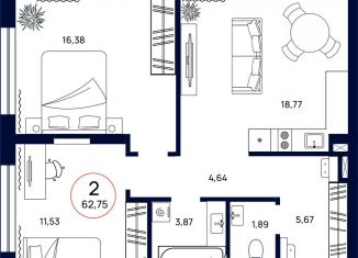 Продам 2-ком. квартиру, 62.8 м2, Тюменская область