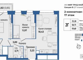 Продам 2-ком. квартиру, 59.6 м2, Екатеринбург, метро Машиностроителей