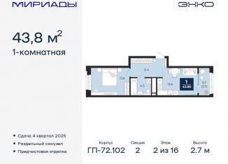 Продажа 1-ком. квартиры, 43.8 м2, Тюмень