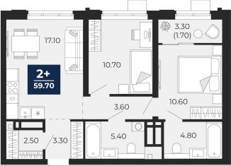 2-комнатная квартира на продажу, 59.7 м2, Тюмень