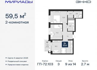 Продам 2-ком. квартиру, 59.5 м2, Тюмень