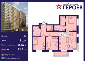 Продаю 3-ком. квартиру, 71.3 м2, Балашиха, ЖК Героев