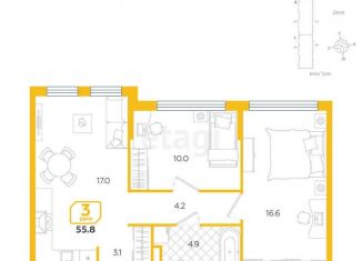 Продажа 3-комнатной квартиры, 55.8 м2, Тюмень, Центральный округ, улица Евгения Войнова, 3