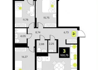 Продается трехкомнатная квартира, 100.8 м2, Тюмень, улица Пожарных и Спасателей, 8