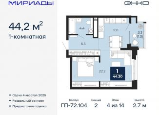 Продаю 1-комнатную квартиру, 44.2 м2, Тюмень