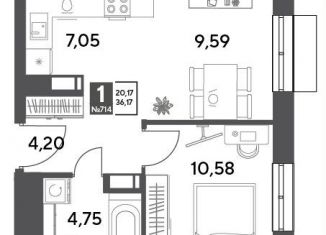 Продам 1-комнатную квартиру, 36.2 м2, Московская область