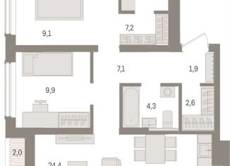 2-комнатная квартира на продажу, 71.9 м2, Новосибирск, улица Аэропорт, 88