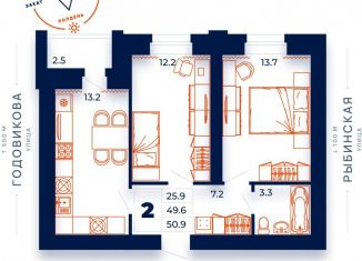 Продается двухкомнатная квартира, 50.9 м2, Вологодская область