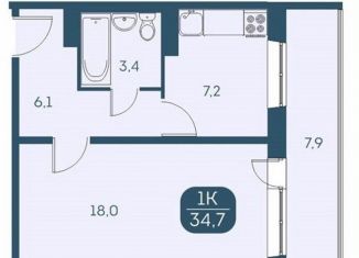 1-комнатная квартира на продажу, 34.6 м2, Новосибирск, Междуреченская улица, 7/1