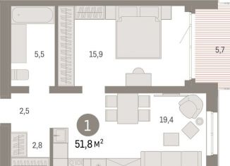 1-комнатная квартира на продажу, 51.7 м2, Екатеринбург