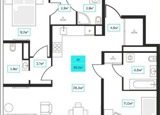 Продажа 2-комнатной квартиры, 69.3 м2, Тюмень, Червишевский тракт, 25