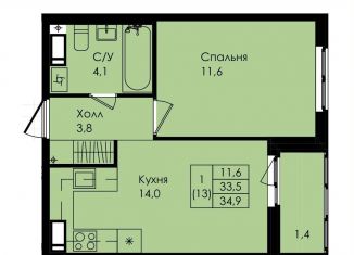 1-ком. квартира на продажу, 34.9 м2, Коммунар, улица Просвещения, 2