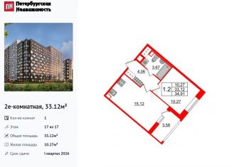 Однокомнатная квартира на продажу, 33.1 м2, Санкт-Петербург, метро Улица Дыбенко