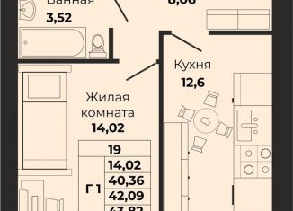 1-ком. квартира на продажу, 42.1 м2, Калининград, Борисовский бульвар