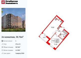 1-комнатная квартира на продажу, 38.8 м2, Санкт-Петербург, Невский район