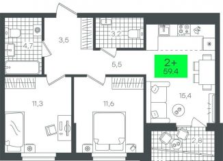 2-комнатная квартира на продажу, 59.5 м2, Тюмень, Калининский округ, улица Василия Малкова, 5