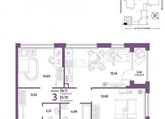 Продам трехкомнатную квартиру, 56.1 м2, Тюмень, Ленинский округ, улица 50 лет Октября, 63к2