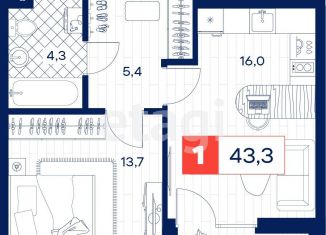 Продажа 1-ком. квартиры, 43.3 м2, Тюмень, Калининский округ, Пышминская улица, 216А