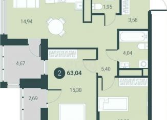 Продается 2-ком. квартира, 63 м2, Тюмень, улица Первооткрывателей, 15