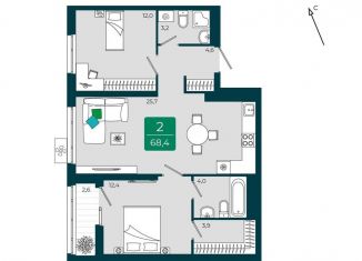 Продам 2-комнатную квартиру, 68.4 м2, Тюмень, Калининский округ