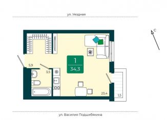 Продается квартира студия, 34.3 м2, Тюмень, Калининский округ