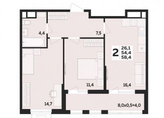 Продаю 2-ком. квартиру, 58.4 м2, аул Новая Адыгея