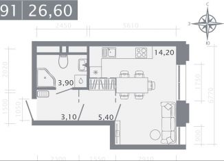 Продается квартира студия, 26.6 м2, Татарстан, улица Шишкина, 3