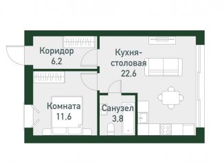 Продаю 1-ком. квартиру, 43.7 м2, посёлок Западный