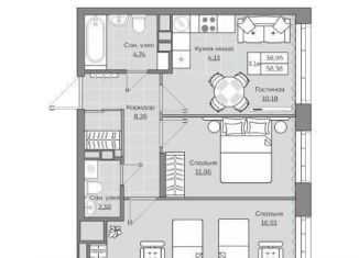 Продается 2-комнатная квартира, 58.4 м2, Казань, ЖК Станция Спортивная