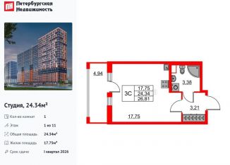 Квартира на продажу студия, 24.3 м2, деревня Новосаратовка