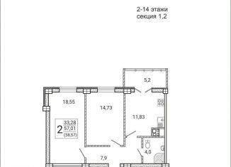 Продается 2-комнатная квартира, 58.6 м2, Воронежская область, Цимлянская улица, 10В