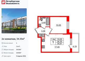 Продам 1-комнатную квартиру, 34.4 м2, Санкт-Петербург, Московский район