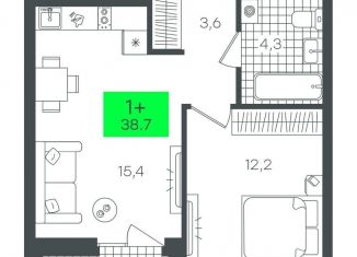 Однокомнатная квартира на продажу, 38.8 м2, Тюмень, Калининский округ, улица Василия Малкова, 17