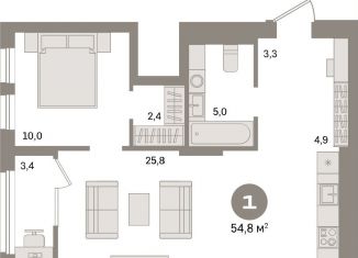 Продается 1-ком. квартира, 54.8 м2, Екатеринбург, Железнодорожный район, улица Пехотинцев, 2Г