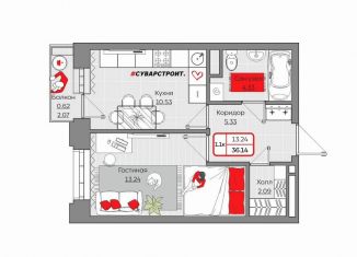 Продается 1-комнатная квартира, 36.1 м2, Казань